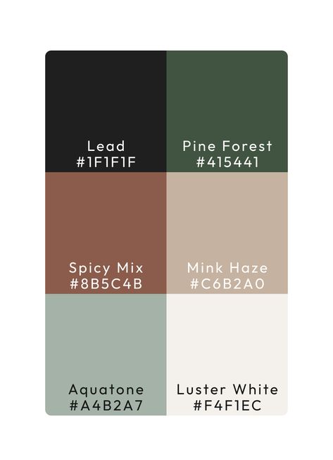 Lead #1F1F1F (Almost Black), Pine Forest #415441 (Dark, but Dusty Pine Green), Spicy Mix #8B5C4B (Creamy Terracotta), Mink Haze #C6B2A0 (Light, Neutral Tan), Luster White #F4F1EC (Bright, Creamy White) Color Palette That Goes With Black, Sage Black Color Palette, Color Pallets With Forest Green, Green And Leather Color Palette, Emerald Green Neutral Color Palette, Green Black Brown Kitchen, Rustic Modern Color Scheme, Black Coordinating Colors, Black White Grey Green Brown Color Palette