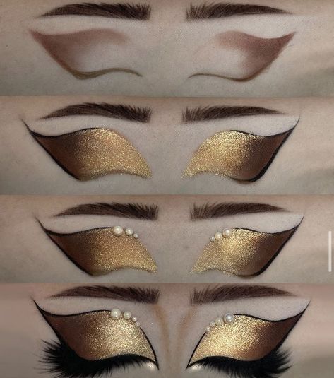 White Gold Makeup, Gold Drag Makeup, Black Gold Makeup, White Eye Makeup, Eye Makeup Techniques, Eye Makeup Styles, Makeup Face Charts, Eye Makeup Steps, Face Makeup Tips