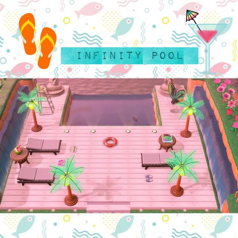 Animal Crossing Infinity Pool, Animal Crossing Skatepark, Acnh Infinity Pool, Anch Aesthetic, Barbie Acnh, Animal Crossing Pool, Tropicore Animal Crossing, Acnh Pool, Cinnamoroll Cafe