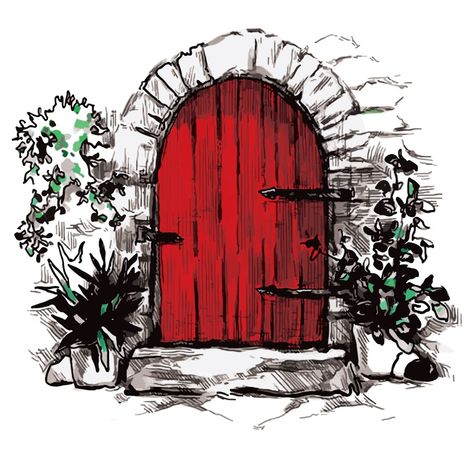 Red Door Art, Magic Door Drawing, Aesthetic Door Drawing, Magical Door Drawing, Door Drawing Simple, Red Doodles Aesthetic, Door Drawing Sketch, Old Door Drawing, Door Tattoos