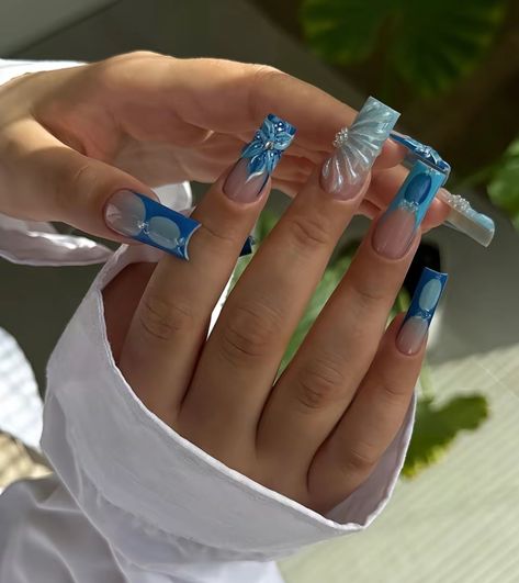 Summer Toe Nails, Blue Acrylic Nails, French Acrylic Nails, Beach Nails, Fire Nails, Long Acrylic Nails, 3d Nails, Cute Acrylic Nails, Acrylic Nail Designs