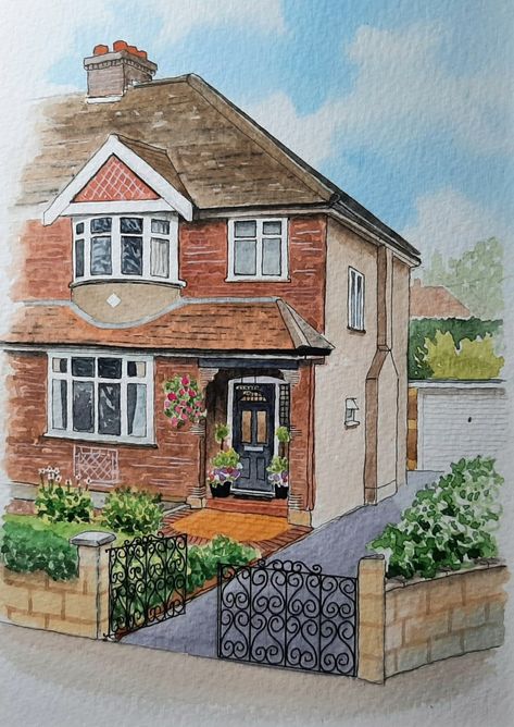 House portrait painting Watercolour House, Modern Brick House, House Portrait Painting, Brick Homes, Watercolor House Painting, Architectural Illustration, Castle Painting, Watercolor House, Watercolor House Portrait