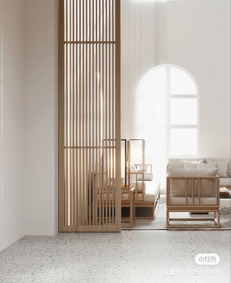 Japandi Partition, Muji Style Bedroom, Room Divider Entryway, Japandi Ideas, Entryway Divider, Wooden Partition Design, Muji Interior, Living Room Japandi, Living Room Sliding Doors