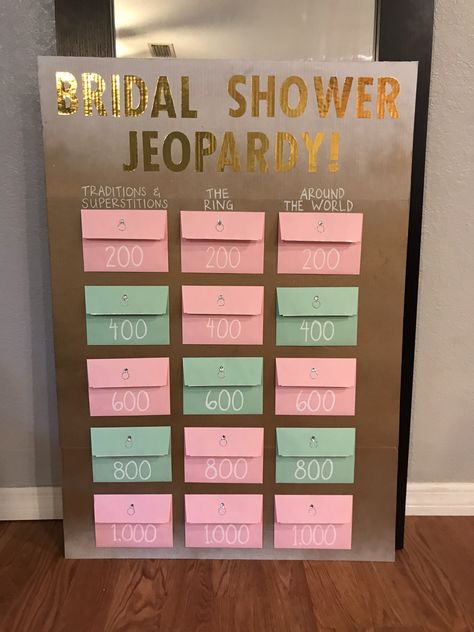 Bridal Shower Jeopardy DIY Bridal Shower Jeopardy, Diy Bridal Shower Games, Bridal Shower Games Funny, Bridal Shower Inspo, Bridal Shower Decorations Diy, Fun Bridal Shower Games, Bridal Shower Activities, Couples Bridal Shower, Bridal Shower Planning