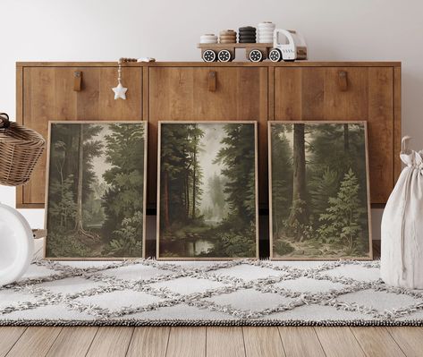 Vintage Woodland Wall Art Set Woodland Nursery Vintage Nursery Outdoor Nursery Woods Hunting Vintage Nursery Prints Vintage - Etsy Woodland Bedroom Ideas Adults, Green Woodsy Nursery, Vintage Hunting Boys Room, Vintage National Park Nursery, Dark Woodland Nursery, Smokey The Bear Nursery, Boy Nursery Forest Theme, Boy Nursery Woodland Theme, Lake Themed Nursery