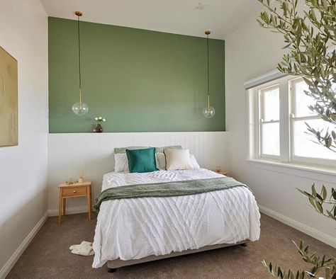 The Block 2022: House Decider Challenge Bedroom Niche, The Block 2022, Alcove Storage, Green Wall Color, Niche Wall, White Wall Bedroom, Sage Green Bedroom, Bedroom Reveal, Sage Green Walls