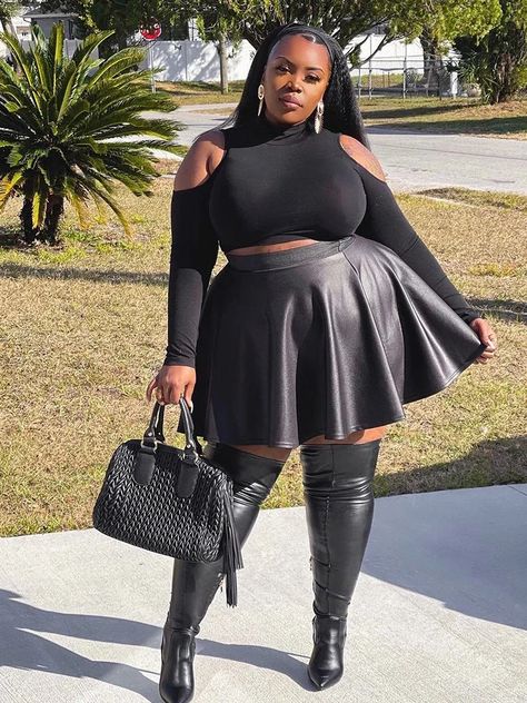 Women Black Plus Size 7XL 8XL 9XL Matte Leather Flare High Waist Pleated Elastic Skirts Ladies PU Black Flare Skirt Outfit, Elegant Plus Size Outfits, Flare Skirt Outfit, Skirt With Stockings, Plus Size Birthday Outfits, Plus Size Tutu, Black Flare Skirt, Ateez Concert, Short Skirts Outfits