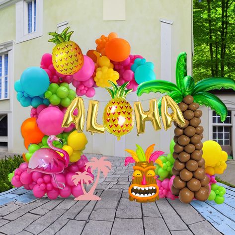 PRICES MAY VARY. 【Tropical Themed Balloon Kit】Includes the following 139 different sizes of 5/10/12/18 inch balloons, we chose hot pink/lime green/orange/brown/yellow/teal as the theme color palette, added Flamingo ,Coconut tree leaves, 16-inch letter "ALHA" and pineapple mylar balloons, free balloon tools make it easier for you to DIY, very suitable for tropical Hawaiian, beach, ALOHA,Luau theme parties. Can be used for birthday celebrations. 【Reliable Color 】 We insist on real photography，Prov Hawaiian Theme Birthday, Tropical Balloon Garland, Garland Arch, Summer Beach Party, Hawaiian Theme, Arch Kit, Mylar Balloons, Coconut Tree, Balloon Garland