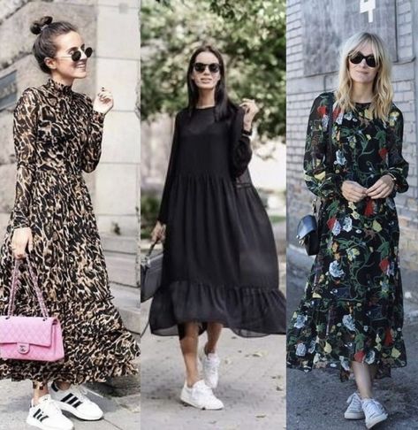 Outfit Vestido Largo, Sneakers With Dress Outfit, Maxi Dress Outfit Casual, Dress And Sneakers Outfit, Modest Casual Outfits, Chique Outfit, Outfits Vestidos, Look Office, Looks Street Style