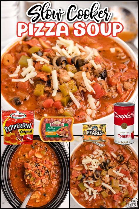 Slow Cooker Pizza Soup is a filling and comforting soup that is full of your favorite pizza flavors. Making this crockpot pizza soup is so simple! Pizza Soup Recipe Crock Pots, Crockpot Pizza Soup Recipes, Pizza Soup Crockpot, Crockpot Pizza Soup, Supreme Pizza Soup, Crockpot Receipts, Easy Soup Recipes Quick, Top Crockpot Recipes, Slow Cooker Pizza