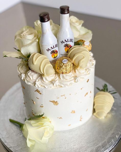 Malibu Themed Cake, 18th Cake Designs, Alcohol Cake Design For Women, 22st Birthday Cake, Malibu Cake Ideas, 18th Birthday Cake Alcohol, Malibu Birthday Cake, Cake With Alcohol Bottles On Top, 21st Birthday Ideas Cake