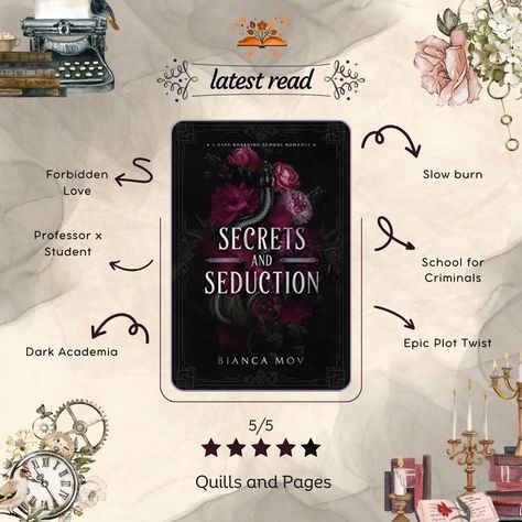 New Book Review on my blog Secrets and Seduction by @biancamov_author #bookreview #quillsreviews #quillsandpages #bookishthoughts #bookjournaling #darkacademia Character Tropes, Mystery School, Professor X, You Have Been Warned, Book Of The Month, Reading Challenge, Slow Burn, Happy Reading, Plot Twist