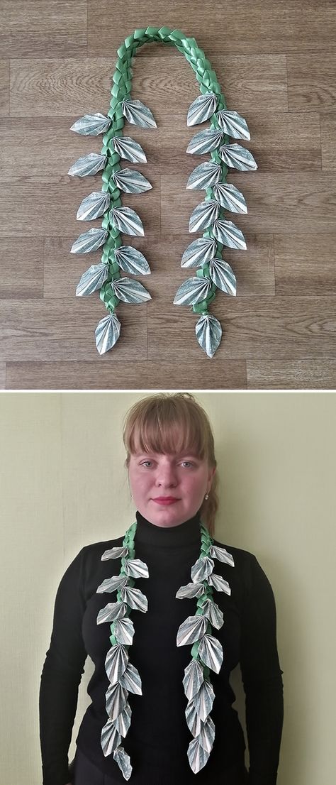 Graduation Leis For Men, Graduation Dollar Necklace, Ribbon And Money Lei, 8th Grade Promotion Lei Ideas, Money Fan Diy, Unique Leis For Graduation, Simple Graduation Leis, Boys Graduation Leis, Dollar Leis For Graduation Diy