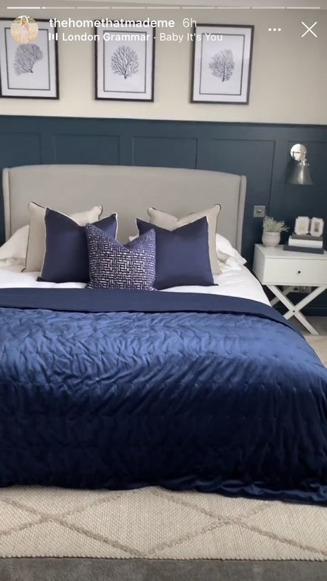 Blue Panel Bedroom, Blue Panelled Bedroom, Blue Bedroom Panelling, Navy Feature Wall Bedroom, Blue Panelling Bedroom, Blue Accents Bedroom, Small Double Bedroom, Bedroom Panelling, Blue And Cream Bedroom