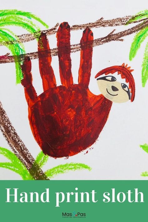 Handprint paintings are so much fun to do. We just love these super cute handprint sloths, hanging around on their jungle branches. It’s an adorable handprint animal craft for kids. #handprintanimals #handprintart #handprintcraftforkids #handprintcrafts #craftsforkids Sloth Handprint Craft, Handprint Sloth, Handprint Animals, Sloth Craft, Hand Print Animals, Handprint Painting, Rainforest Activities, Sloth Party, Jungle Trees