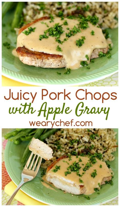 You've GOTTA try these perfectly juicy pork chops smothered in velvety apple gravy. Apple Gravy, Green Apple Recipes, Pork Chops Smothered, Pork Entrees, Apple Pork Chops, Pasta Meals, Juicy Pork Chops, Chop Recipes, Pork Dinner