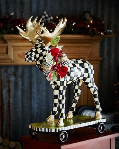 H8EZ4 MacKenzie-Childs Courtly Check Moose on Parade Figure Mackenzie Childs Christmas, Mackenzie Childs Diy, Mackenzie Childs Inspired, Mckenzie And Childs, Christmas Horse, Courtly Check, Deer Decor, Mackenzie Childs, Deck The Halls