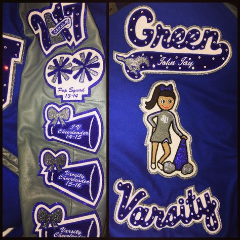 Follow us on Instagram! @somethingstocheerabout #lettermanjacket #blingjacket #blingletterman #blingpatches #rhinestone patch letterman jacket from some things to cheer about! We ship! Dance Letterman Jacket, Cheerleader Letterman Jacket, Cheer Letterman Jacket Ideas, Graduation Patches, Cheer Letterman Jacket, Varsity Jacket High School, Cheerleading Keychains, Letterman Jacket Ideas, Cheer Jackets