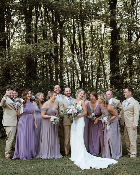 Lilac Wedding Scheme, Shades Of Purple Bridal Party, Lavender And Sage Green Bridesmaid Dresses, Purple Bridal Party Groomsmen, Lavender And Green Bridesmaid Dresses, Sage Green And Lavender Wedding Bridesmaid Dresses, Purple Bridesmaid Dresses With Groomsmen, Green And Purple Bridal Party, Light Purple Wedding Party