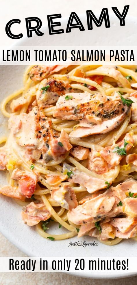 Spaghetti With Salmon Recipe, Salmon Linguine Recipes, Pasta Recipes Salmon, Tomato Salmon Pasta, Salmon Pasta Recipe, Pasta Salmon, Salmon Spaghetti, Creamy Salmon Pasta, Salmon Pasta Recipes