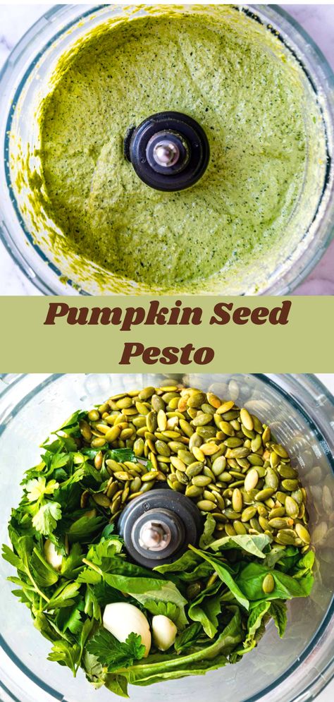 This 5-minute vegan Pumpkin Seed Pesto (Nut-Free) is perfect for sandwiches, pasta, salads, marinating proteins, roasted veggies, and soups. Protein-packed, delicious and healthy. Vegan Pumpkin Seed Recipes, Pumpkin Seed Dressing, Chakra Recipes, Peanuts Recipes, Chickpea Pesto, Pesto Dinner, Vegan Dressing Recipes, Pumpkin Seed Pesto, Pumpkin Seed Salad