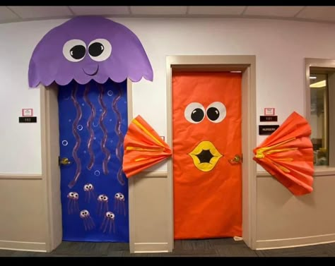 Jellyfish Classroom Door Decoration, Underwater Door Decorations Classroom, Aquarium Door Decoration, Ocean Hallway Decor School, Breaker Rock Beach Classroom, Sea Animals Decorations Classroom, Underwater Classroom Decor, Under The Sea Door Theme, Fish Door Decorations Classroom