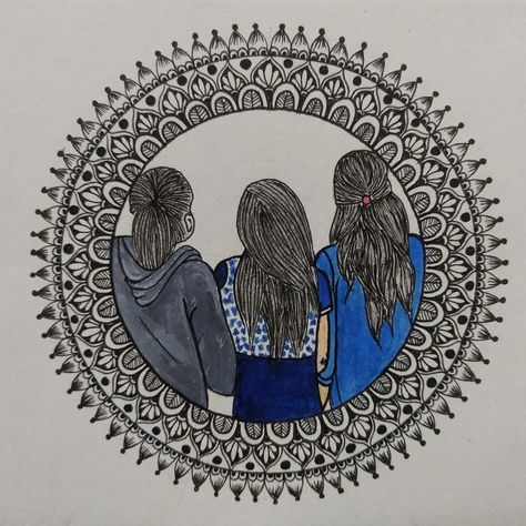 3 Friends Drawing Sketch, Doodle Art Friends, Mandala Art For Friends, 3 Best Friend Drawings Sketches, Mandala Art Simple Drawings, Mandala Art For Brother, Friends Doodle Art, Sister Mandala Art, Friendship Mandala Art