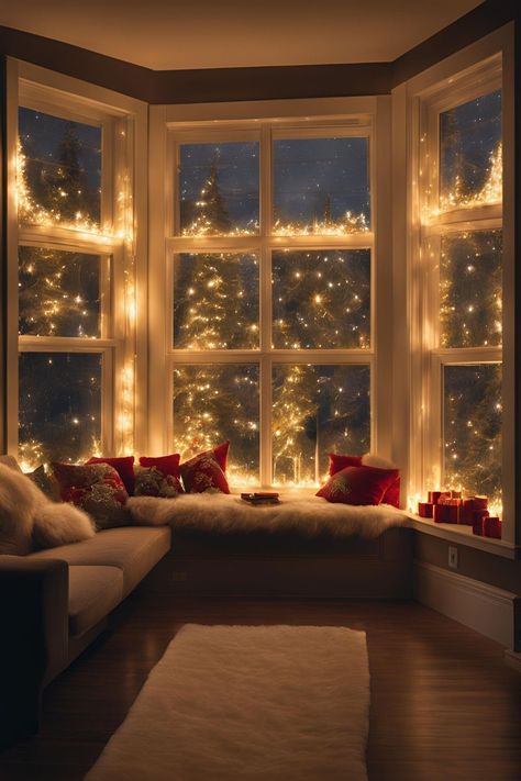 Windows decorated with creative Christmas light displays, adding warmth and festive charm. Lights In Window Christmas, Christmas Lights Interior Decor, Interior Window Christmas Lights, Curtain Christmas Lights, Christmas Lights Interior, Christmas Lights For Windows, Indoor Christmas Lights Ideas Window, Christmas Window Lights Ideas, Christmas Lights In Windows Ideas