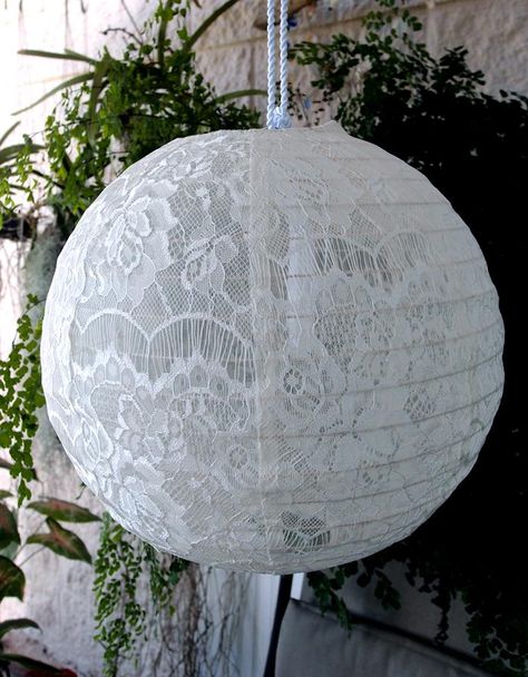 Paper Lantern Centerpieces, Cheap Lanterns, Fabric Lantern, Lace Lanterns, Paper Lantern Lights, Chinese Paper Lanterns, Round Paper Lanterns, Lantern Centerpieces, White Lace Fabric