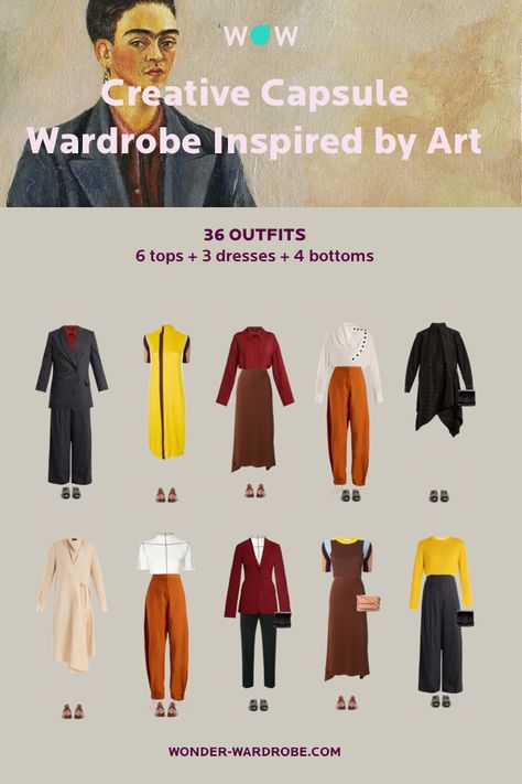 This capsule includes 6 tops, 3 dresses, 4 bottoms, 2 blazers, 2 pairs of shoes, 2 bags that result in 36 beautiful outfit combinations.  Style: Creative style with dramatic elements.  Colour type: Autumn. Method: Wonder Wardrobe. Capsule Wardrobe Creative, Outfits For Creatives, Autumn Cruise Outfits, Creative Looks Outfit, Creative Capsule Wardrobe, Eclectic Capsule Wardrobe, Dramatic Capsule Wardrobe, Deep Autumn Outfits Capsule Wardrobe, Colorful Autumn Outfits