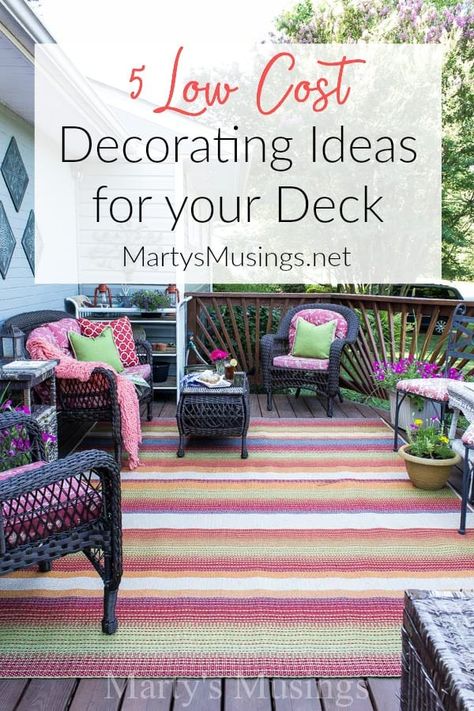 Outdoor Deck Rugs, Deck Rug, Outdoor Deck Decorating, Front Porch Furniture, Summer Deck, Deck Seating, Deck Makeover, Back Deck Decorating, Small Deck Decorating Ideas