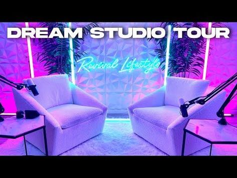 How I Built my DREAM PODCAST STUDIO! - $50,000 STUDIO TOUR! - YouTube Podcast Design Studio, Podcast Studio Ideas Aesthetic, Media Studio Design, Creator Studio Design, Podcast Interview Setup, Podcast Setting Ideas, Girly Podcast Studio, Small Podcast Studio Design Ideas, Podcast Set Design At Home