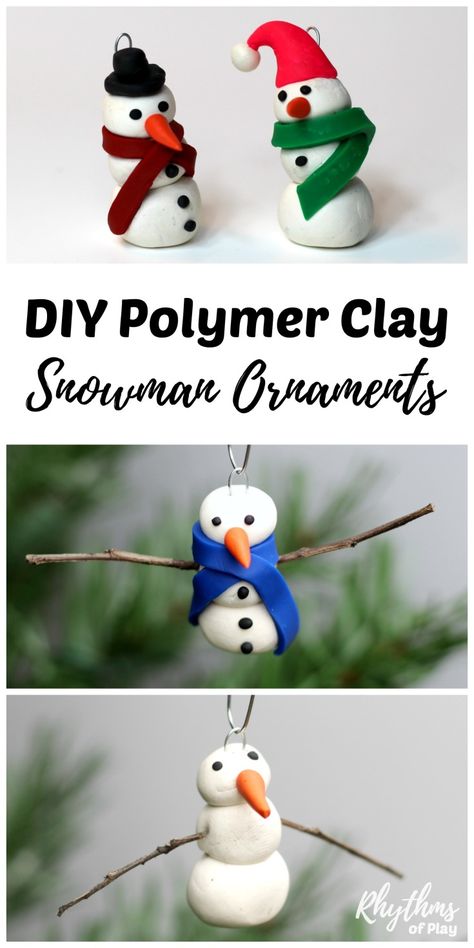 Making a homemade DIY polymer clay Snowman ornament is a simple craft for both kids and adults to make. Handmade ornaments like these easy snowmen are perfect for the Christmas tree. They make beautiful decorations and a great kid-made gift idea! Polymer Clay Snowman, Clay Snowman, Diy Snowman Ornaments, Diy Schneemann, Diy Polymer Clay, Unicorn Ornaments, Wood Wall Art Diy, Martha Stewart Crafts, Diy Snowman