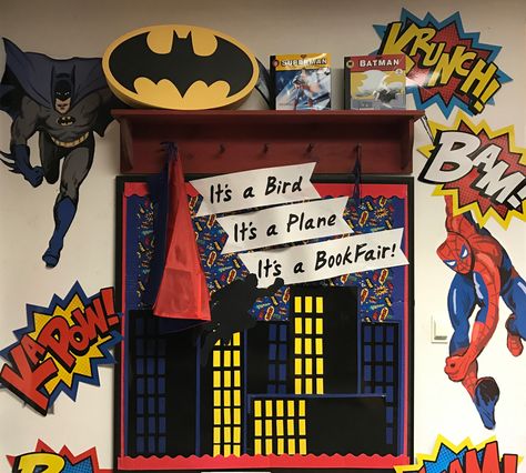 Library Reading Bulletin Board Superhero Book Fair Reading Bulletin Board Ideas, Media Center Decor, Superhero Lessons, Superhero Bulletin Boards, Reading Bulletin Board, Superhero School, Superhero Books, Fair Theme, Superhero Decorations