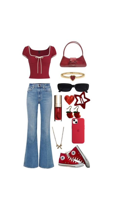 #red #outfit #cute #inspo #outfitinspiration Cherry Red Outfit Ideas, Red Outfits Aesthetic, Red Aesthetic Outfit, Red Top Outfit, Red Outfits, Red Y2k, Outfit Cute, Red Fits, Spirit Week