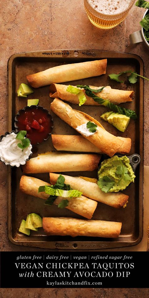 These 4 ingredient Vegan & Gluten Free Chickpea Taquitos are delicious, healthy and take just 20 minutes to make from start to finish. They’re made with just a few simple ingredients and are amazing when paired with fresh avocado dip and salsa. Gluten Free Taquitos, Chickpea Taquitos, Chicken And Pancakes, Avocado Dip Recipe, Cozy Soups, Refined Sugar Free Recipes, Gluten Free Tortillas, Avocado Dip, Fresh Avocado