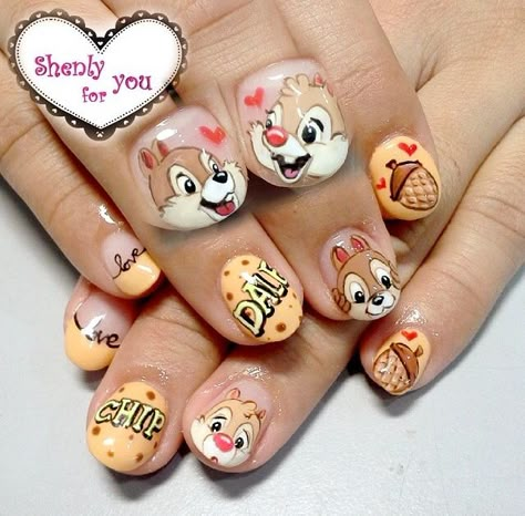 Chip And Dale Nail Art, Chip And Dale Nails, Ally Nails, Class Nails, Fur Nails, Nails Cartoon, Frozen Nails, Disneyland Nails, Animal Nail Designs