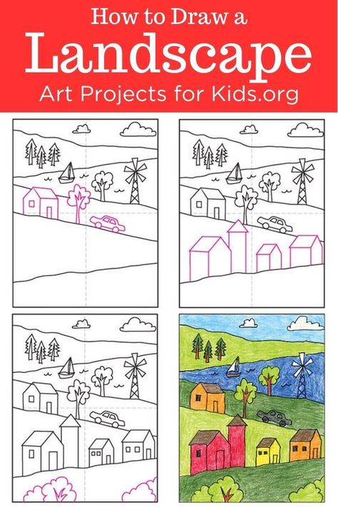 Step By Step Drawing Scenery, How To Draw A Landscape Step By Step, How To Draw Tutorials Step By Step, Art For Kids Easy Drawing, How To Draw Landscape, How To Draw Step By Step, Landscape Drawings Easy, Landscape Ideas Drawing, School Drawing Ideas