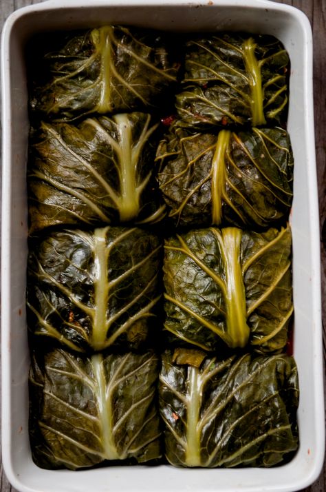 These steamed collard green leaves are wrapped around a stuffing of brown rice cooked with beets and a little stock. Ready to be sauced and baked for a scrumptiously hearty meal. Collard Rolls, Stuffed Collard Greens, Coco Puffs, Gluten Free Enchiladas, Vegetarian Party Food, Collard Green, Veggie Wraps, Close To Me, Beet Greens