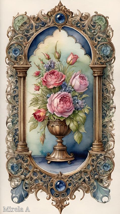 Flower Pattern Drawing, Gilded Frame, Vibrant Bouquet, Victorian Paintings, Bouquet Of Roses, Victorian Flowers, Scenery Pictures, Beautiful Art Pictures, Decoupage Art