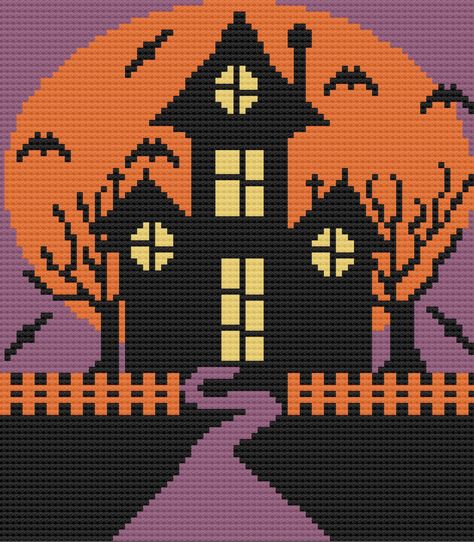 Haunted House Blanket C2C Crochet Pattern Written Row Counts - Etsy Yarn Bobbins, Crochet Pattern Written, Plastic Canvas Box Patterns, C2c Crochet Pattern, Graph Crochet, Barn Quilt Patterns, Pixel Crochet, Halloween Blanket, Pixel Art Grid