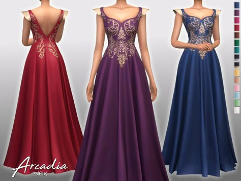 Sims 4 — Arcadia Dress by Sifix2 — - New mesh - 15 swatches - Base game compatible - HQ mod compatible - Teen - Young #featuredartist Sims 4 Ballgown, Sims 4 Game Of Thrones Cc, Sims Royal, Sims 4 Medieval, Monica Dress, Sims 4 Historical, Sims 4 Royal, Sims Medieval, Royal Clothes