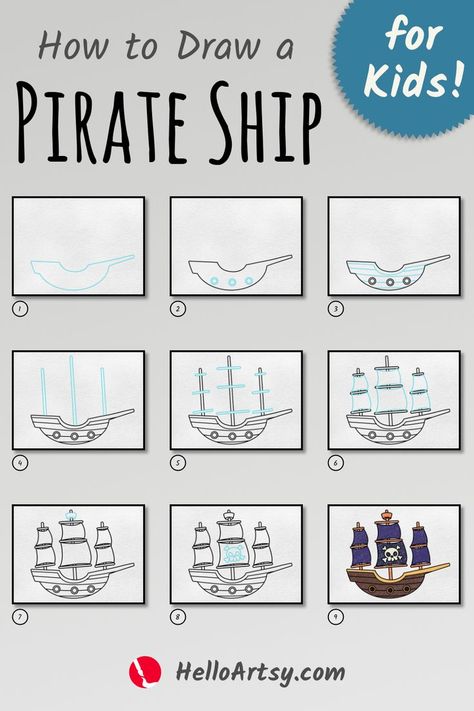 Step by step images demonstrating how to draw a Draw a Pirate Ship - A Drawing Lesson for Kids! Draw A Pirate Ship, Ship Doodle, Nautical Drawing, Doodle Art For Beginners, Beach Drawing, Boat Drawing, Learning To Draw, Drawing Lessons For Kids, Drawing Lesson