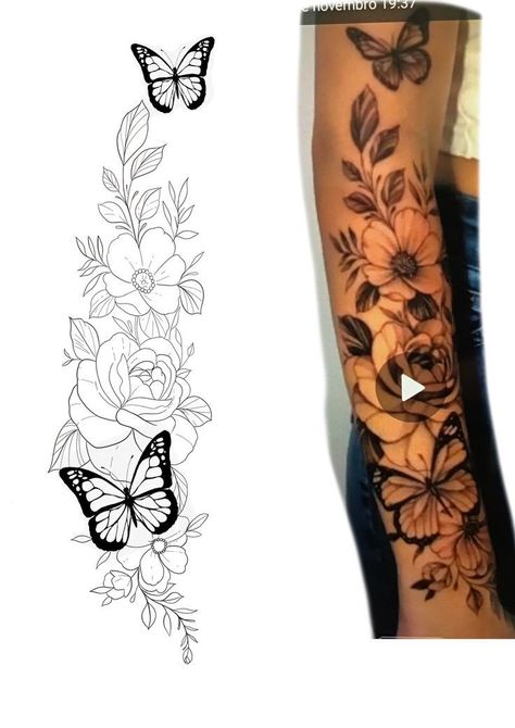 Butterfly Rose Tattoo, Butterfly With Flowers Tattoo, Abstract Art Tattoo, Rose Tattoo On Arm, Quarter Sleeve Tattoos, Floral Thigh Tattoos, Rose Tattoo Sleeve, Cute Hand Tattoos, Muster Tattoos