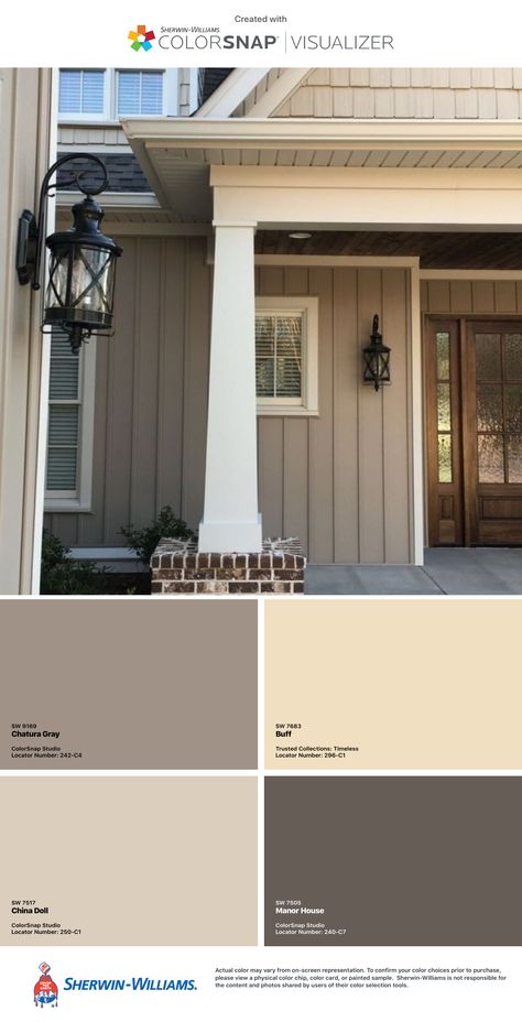 Exterior House Colors Browns, Crownsville Gray Benjamin Moore Exterior, House Inspiration 2023, Low Roof Line Exterior, Traditional Home Colors Exterior, Taupe Exterior Paint Colors For House Farmhouse, Houses With Wood Garage Doors, Taupe Craftsman Exterior, Tan And Gray House Exterior