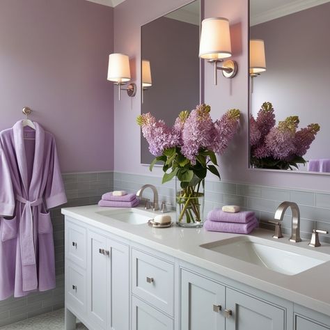 39 Gorgeous Purple Bathroom Ideas to Elevate Your Space - Style Zuri Bathroom With Purple Accents, Lavender And Yellow Bathroom, Purple And Gray Bathroom, Purple And Green Bathroom, Lilac Bathroom Ideas, Gray And Purple Bathroom, Purple Bathroom Ideas, Lavender Tile, Lilac Bathroom