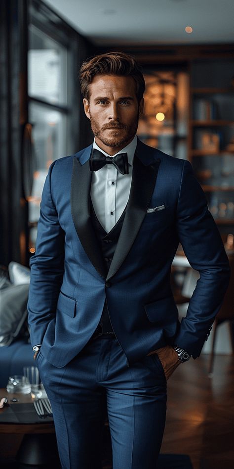 Wedding Dress To Impress For Guys: Elegant Evening Style Dark Navy Blue Tuxedo Wedding, Groom Tuxedo Colors, Navy Suit With Bow Tie, Black Suit Blue Tie, Navy Blue Tuxedo Wedding, Midnight Blue Tuxedo Wedding, Navy Tux Wedding, Midnight Blue Tuxedo, Blue Tuxedo Wedding