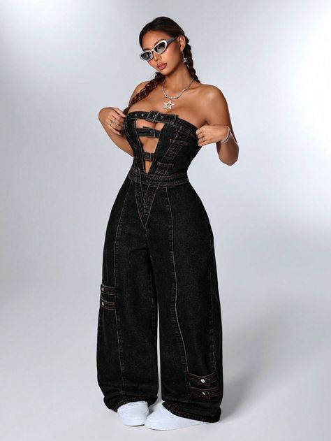 SHEIN ICON Women's Denim Halter Jumpsuit With Cutout And Button DesignI discovered amazing products on SHEIN.com, come check them out! Cutout Jeans, Shein Icon, Halter Jumpsuit, Lace Cami Top, Boyfriend Denim, Effortless Hairstyles, Retro Hairstyles, Denim Overalls, Button Design