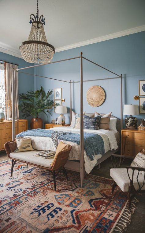 Cream Bedroom With Blue Accents, Green And Blue Boho Bedroom, Bedroom With Blue Walls Decorating Ideas, Misty Blue Bedroom, Blue And White Boho Bedroom, Navy Blue And Green Bedroom, Sage Green And Blue Bedroom, Blue Bohemian Bedroom, Boho Blue Bedroom