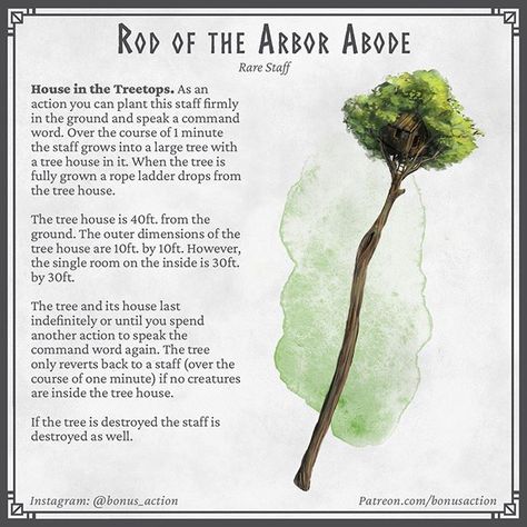 Feeling foresty! A staff for explorers to create a small home. Which kind of forest themed/druid/ranger items would you like to see next… Dnd Homebrew Druid Items, Druid Firbolg, Druid Items, Fantasy Blacksmith, Druid Staff, Dnd Druid, Homebrew Items, Dnd Stats, Dnd Magic Items